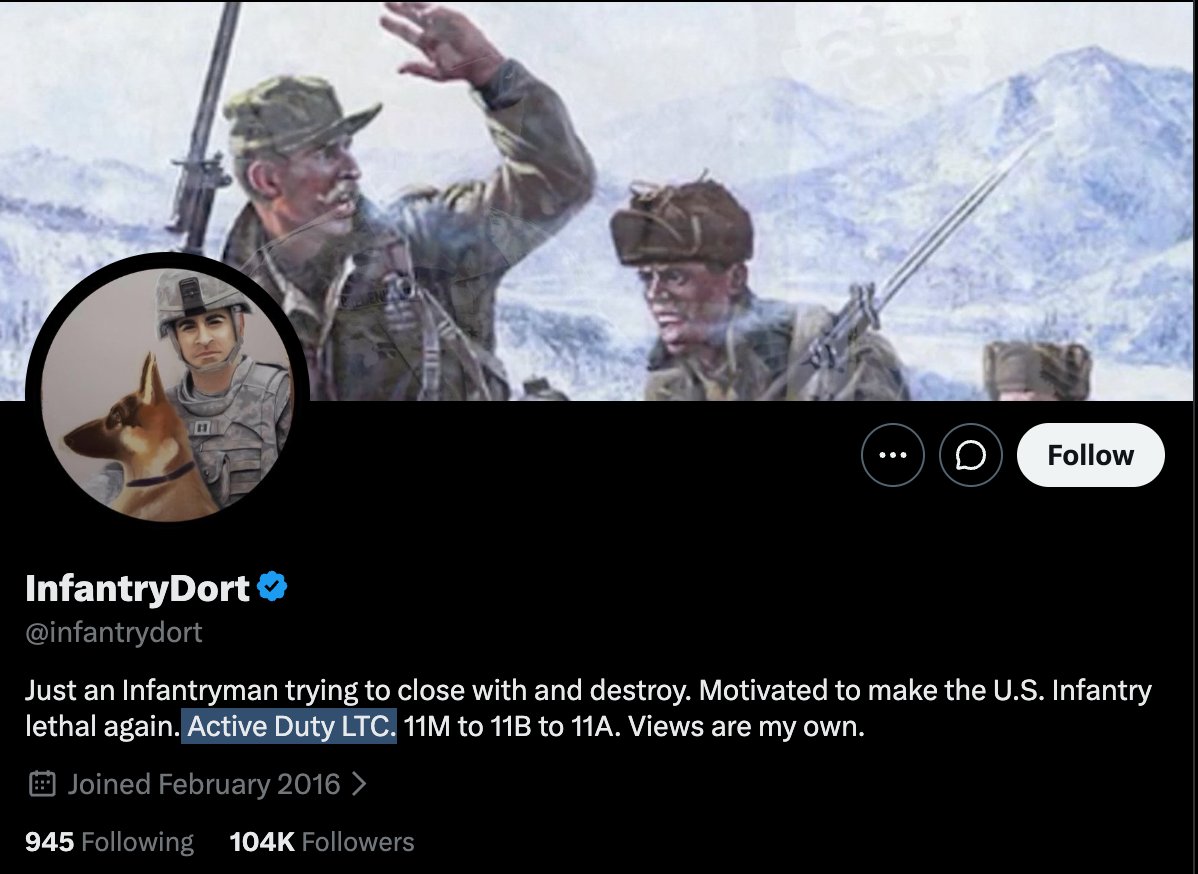 MickelRavHQ's tweet photo. 🧵1/ The United States is at war. American soldiers were killed in Jordan in July. Four 4-star commanders have told the Secretary of War, formally, that they do not concur with fighting Iran into 2027.

A lieutenant colonel on that Secretary's staff spent the same weeks, to 104,000 followers, on:

• a Massachusetts jury — "not possible to hate these people enough. Nevertheless, try."
• a lawyer with 8,000 followers — "human filth… let this partisan JAG filth know what you think of her."
• the Washington Post — "aid and comfort to armed enemies of the United States."
• Islam — "attempting to conquer the west since its founding."
• a schoolteacher — she should lose her job, and so should anyone who "stand[s] beside her in silence."

The war is the job. This is the timeline.

The Army referred questions to the Pentagon. The Pentagon says he is not a spokesman. Nobody has said he is not on the staff.

 https://t.co/8DiZb6XjFZ