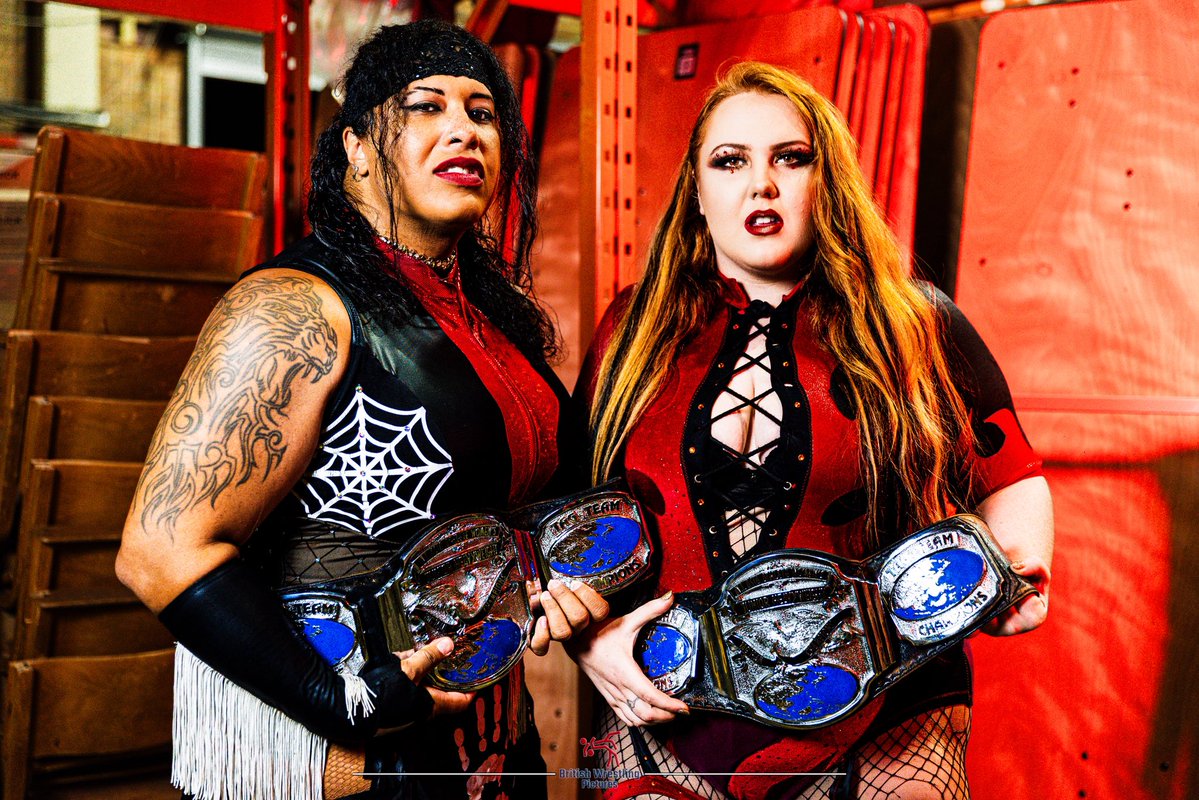 nightshadepw's tweet photo. THE KAIJU QUEENS 👑 

Our first appearance together outside of Marvelous, Japan 🇯🇵 
Defending our AAAW tag team championships @info_marvelous 

At @ProWrestlingEVE 🇬🇧 

📸 @britwrespics https://t.co/a4vrcvK8kY