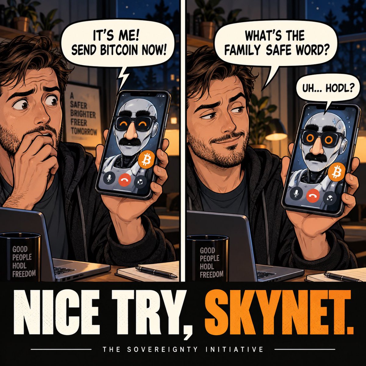 Sovereigntyinit's tweet photo. Scammer: “It’s me! I’m in trouble. Send Bitcoin now!”

Me: “What’s the family safe word?”

Scammer: “Umm… HODL?”

Nice try, Skynet. 😂

AI can clone a familiar voice from a short online clip. Create a private family safe word, hang up and call the person using a number you already know.

Cold storage protects your keys. A safe word can protect you from sending Bitcoin to a robot pretending to be Uncle Bob.