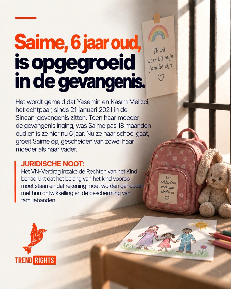 TrendRights_NL's tweet photo. 📌Er wordt gemeld dat Yasemin en Kasım Melizci sinds 21 januari 2021 in de gevangenis van Sincan verblijven. Hun dochter Saime ging op slechts 18 maanden leeftijd samen met haar moeder de gevangenis in en groeide daar op tot haar zesde. Toen zij de schoolleeftijd bereikte, verliet Saime de gevangenis. Zij woont nu gescheiden van zowel haar moeder als haar vader.

CezaevindeÇocuk Olmak