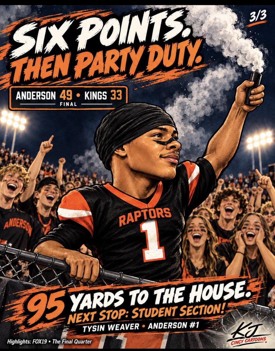 cincybuffs's tweet photo. Tysin Weaver’s apology for fumbling traveled 95 yards. Anderson wins 49–33!

Click the link to view the accompanying article…
https://t.co/C4c6pwa8BK
Video: FOX19 NOW @FOX19
@AHSRaptorsAD @KingsAthletics
#CincyCartoons #FridayNightLights https://t.co/K2ckJpe2wJ