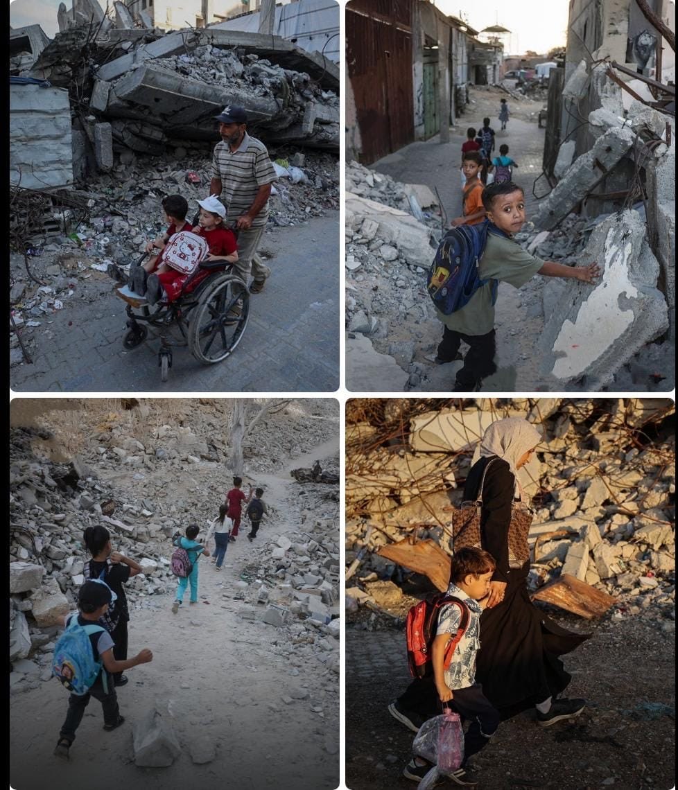 m78203's tweet photo. Yeni okul yılı başlarken, Gazze'deki çocuklar sırt çantalarını taşıyarak binaların enkazı arasında kurulan geçici okullara doğru yola koyuluyorlar.

Evlerinizin yıkıntıları arasında bile bilgi arayın, çünkü bazı hayaller enkazın altından filizlenir.

❤️📚 https://t.co/wq3TZUTICb