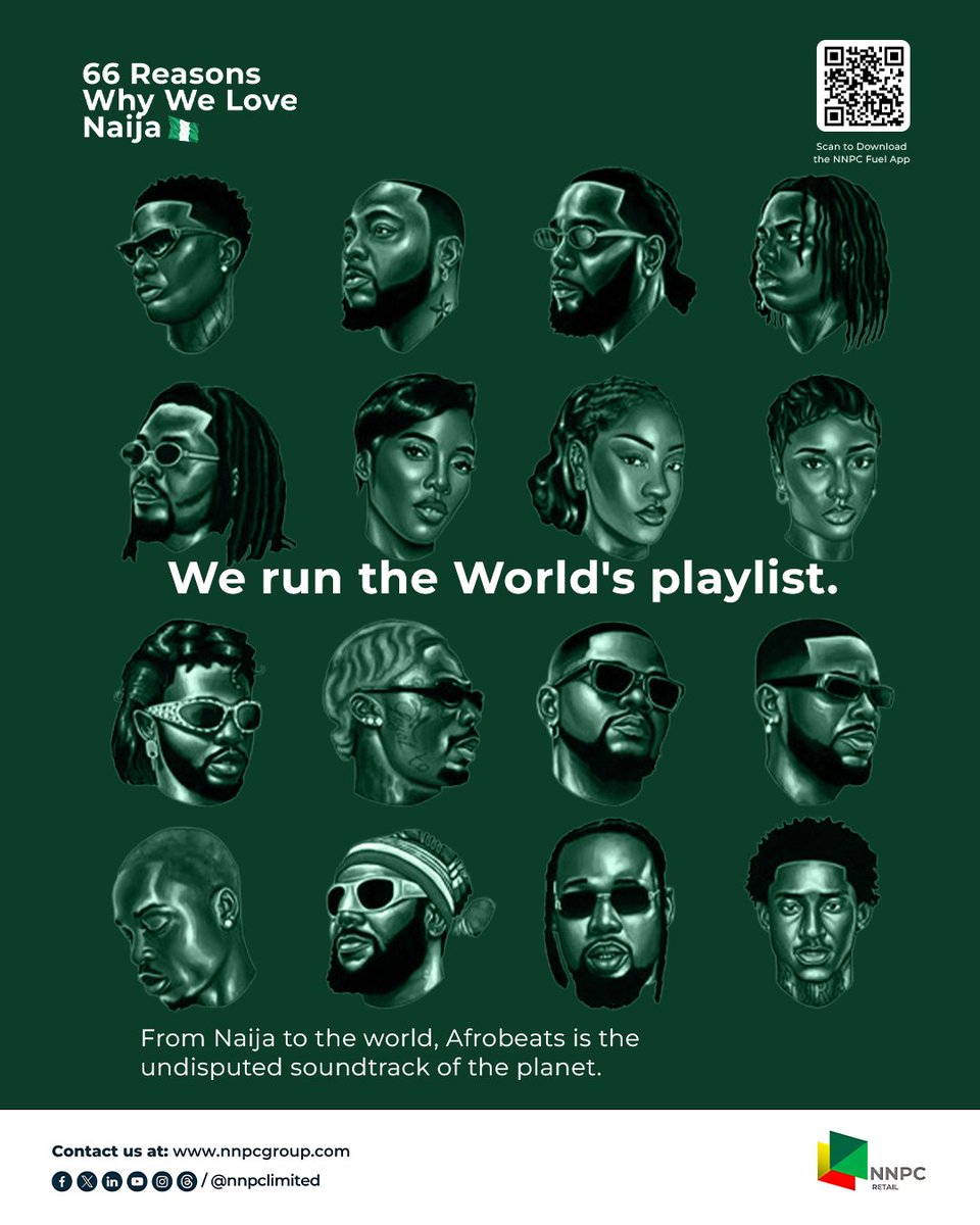 nnpclimited's tweet photo. Our sound is everywhere now. Afrobeats to the world!
Which song is in your Independence Day playlist?
Download the NR Fuel App by scanning the QR code or visit https://t.co/NPVnY1sp5r today.
#NNPCNaija66
#FuelTheFreedom
#EnergyForToday
#EnergyForTomorrow https://t.co/bWFRzVqL4e