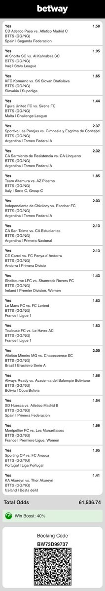 BTTSPLUG_'s tweet photo. I just placed a bet with Betway. Tap here to copy my bet or search for this booking code in the Multi Bet betslip BW73D99737 https://t.co/FOVumhMXry

Both teams to score 🔥🔥👨🏽‍🍳

61,536.74 odds 💸💸💸

Kickoff starts 20:30 🕣 ⚽️🥅 https://t.co/SMERE3TcmK