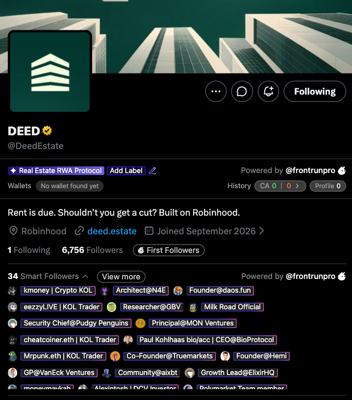 fundingexe's tweet photo. Upcoming project on Robinhood Chain that might be alpha: @DeedEstate 

I think it could take off tomorrow.

I’ve heard it was built by someone previously from Uniswap team.

The project is focused on bringing real estate onchain.

This can be really huge... Keeping an eye on them!