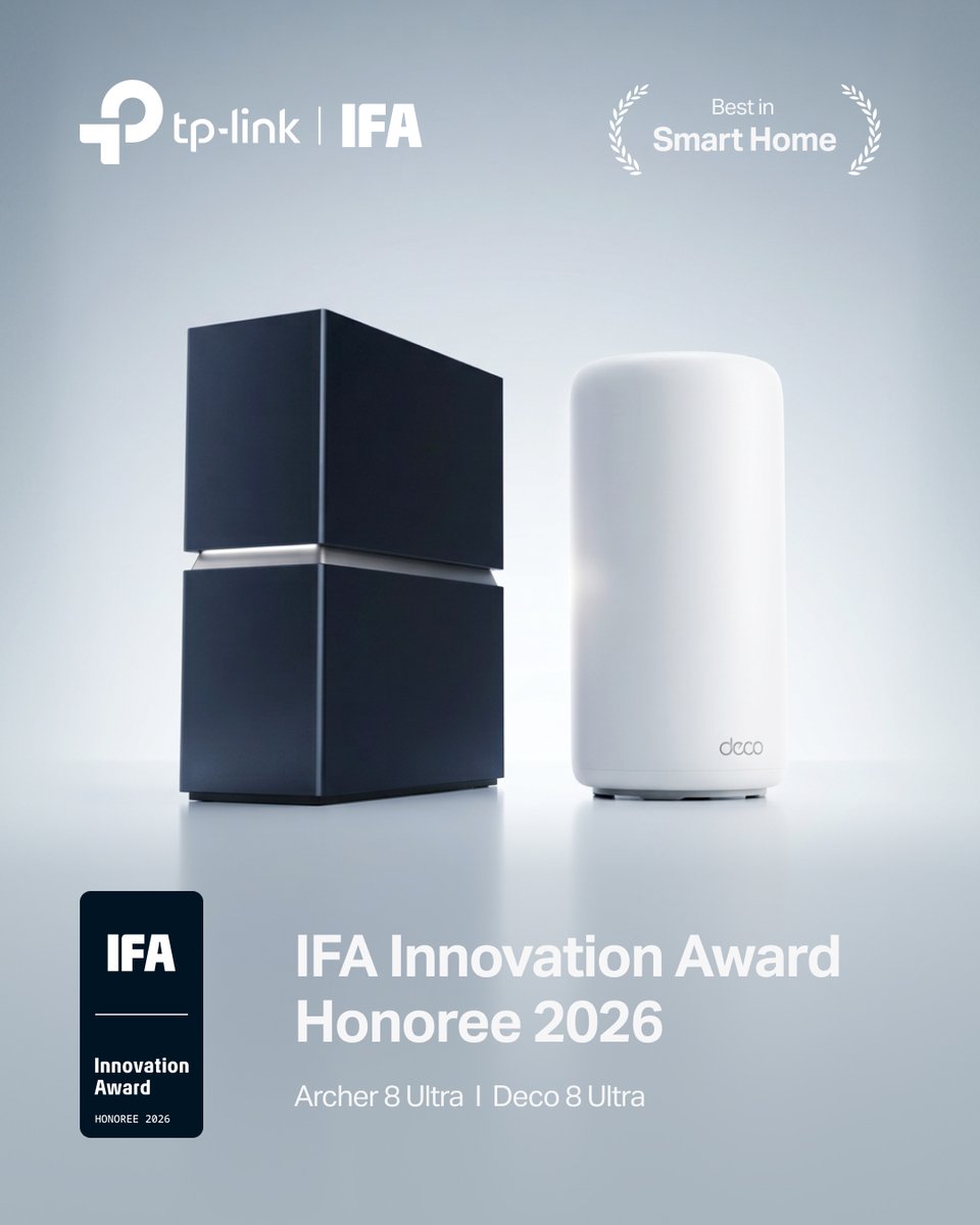 TPLINKUS's tweet photo. We are ecstatic to be an IFA Innovation Award Honoree for 2026 and to have attended IFA this year 🏆

We can't wait to present more details behind the world's first complete Wi-Fi 8 collection 🌐 

Stay tuned for our upcoming Global Launch Event Stream on 9/30 at 9am PDT:
https://t.co/NJKmyT3sCz

Learn more about the collection: https://t.co/3ImjgJxWoJ

#ifa #ifa2026 #wifi8 #tplink #tech