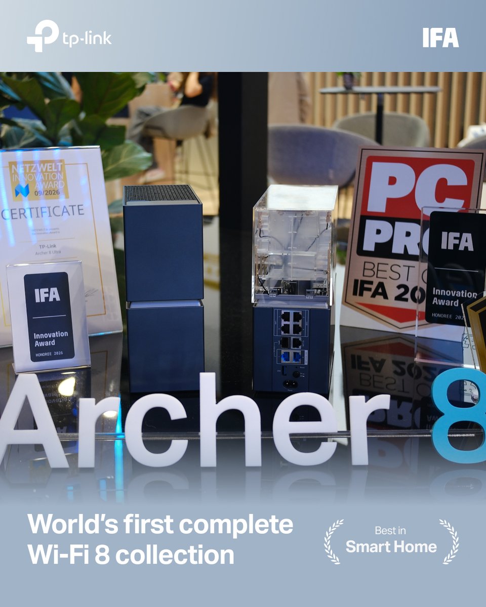 TPLINKUS's tweet photo. We are ecstatic to be an IFA Innovation Award Honoree for 2026 and to have attended IFA this year 🏆

We can't wait to present more details behind the world's first complete Wi-Fi 8 collection 🌐 

Stay tuned for our upcoming Global Launch Event Stream on 9/30 at 9am PDT:
https://t.co/NJKmyT3sCz

Learn more about the collection: https://t.co/3ImjgJxWoJ

#ifa #ifa2026 #wifi8 #tplink #tech