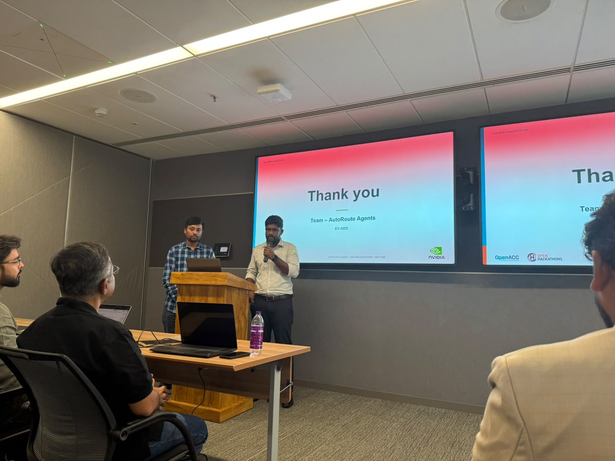 bhanuteja_g's tweet photo. We are thrilled to announce that our team, AutoRoute Agents, was selected as one of the top 20 finalists out of 350 teams who registered for the NVIDIA - GSI Hackathon. It was an absolute privilege to present our solution, Opti-Flow AI Agent, live at the @nvidia India headquarters in Bangalore.

In just three weeks, we conceptualized and built two powerful tools to address real-world challenges like urgent warehouse orders and blocked aisles.

The Goal: Empower warehouse operators to dynamically adapt to disruptions in real time evaluating pick capacities, handling priority shifts, and verifying route changes across intuitive 3D layouts before pushing to physical simulation.

The Solution:
We developed a two-tier architecture: a lightweight React + Three.js web app for immediate operator visualization, alongside a custom Omniverse Extension driving Isaac Sim for high-fidelity physics validation.

NVIDIA cuOpt for optimized warehouse picking routes and NVIDIA NIM to support natural language planning requests from warehouse supervisors.
 
Both the NVIDIA cuOpt microservice and the Nemotron 3 Nano Omni models ran entirely locally on the high-performance B300 GPU cluster provided by the organizers, delivering near-instantaneous replanning, ultra-low latency spatial inference, and smooth multi-agent orchestration.

The Takeaway: Effective industrial AI isn't simply about solving an optimization algorithm in a black box. It's about bridging mathematical precision with spatial clarity giving operators interactive, explainable, and human-in-the-loop control over complex automated environments.
 
We could not have accomplished this without the guidance and support of our incredible mentor, Amlan Panigrahi. A big thank you for your invaluable inputs throughout the development process. We'd also like to extend our deepest gratitude to the judges Sundar R Nagalingam and Saurav Agarwal for their insightful feedback as well as the GSI Hackathon organizers, Apoorva Laharia Ganesh Sai Apuroop Koppaka and Bharatkumar Sharma

We are inspired by your suggestions and are excited to explore integrating the remaining features that time didn't allow during the competition.

A huge shoutout to my fantastic teammates Gnana Prakash S Shashank Goud J and Alagappan for the tireless collaboration over the past 3 weeks. 

Finally, a massive thank to the EY ( @EYnews) Leadership team for enabling this amazing opportunity and supporting our participation: Srinivasagopalan Venkataraman Shyama Hariharan Indraneel Ghosh and Pranav Buradkar.

We are incredibly proud of what we’ve built and cannot wait to take Opti-Flow AI Agent to the next stage.

#NVIDIA #GSIHackathon #AgenticAI #cuOpt #Nemotron3Nano #NvidiaNIM #WarehouseOptimization #IsaacSim #Omniverse #EY #Innovation