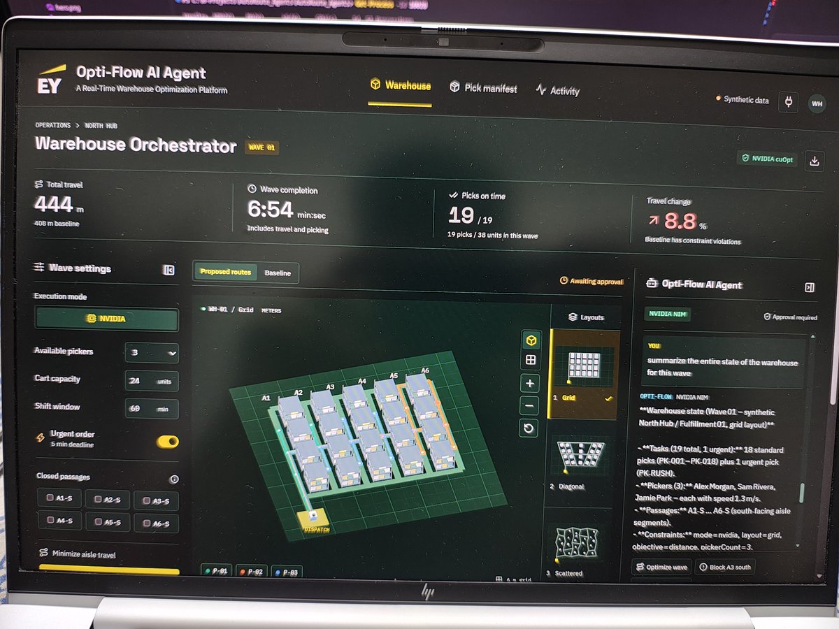 bhanuteja_g's tweet photo. We are thrilled to announce that our team, AutoRoute Agents, was selected as one of the top 20 finalists out of 350 teams who registered for the NVIDIA - GSI Hackathon. It was an absolute privilege to present our solution, Opti-Flow AI Agent, live at the @nvidia India headquarters in Bangalore.

In just three weeks, we conceptualized and built two powerful tools to address real-world challenges like urgent warehouse orders and blocked aisles.

The Goal: Empower warehouse operators to dynamically adapt to disruptions in real time evaluating pick capacities, handling priority shifts, and verifying route changes across intuitive 3D layouts before pushing to physical simulation.

The Solution:
We developed a two-tier architecture: a lightweight React + Three.js web app for immediate operator visualization, alongside a custom Omniverse Extension driving Isaac Sim for high-fidelity physics validation.

NVIDIA cuOpt for optimized warehouse picking routes and NVIDIA NIM to support natural language planning requests from warehouse supervisors.
 
Both the NVIDIA cuOpt microservice and the Nemotron 3 Nano Omni models ran entirely locally on the high-performance B300 GPU cluster provided by the organizers, delivering near-instantaneous replanning, ultra-low latency spatial inference, and smooth multi-agent orchestration.

The Takeaway: Effective industrial AI isn't simply about solving an optimization algorithm in a black box. It's about bridging mathematical precision with spatial clarity giving operators interactive, explainable, and human-in-the-loop control over complex automated environments.
 
We could not have accomplished this without the guidance and support of our incredible mentor, Amlan Panigrahi. A big thank you for your invaluable inputs throughout the development process. We'd also like to extend our deepest gratitude to the judges Sundar R Nagalingam and Saurav Agarwal for their insightful feedback as well as the GSI Hackathon organizers, Apoorva Laharia Ganesh Sai Apuroop Koppaka and Bharatkumar Sharma

We are inspired by your suggestions and are excited to explore integrating the remaining features that time didn't allow during the competition.

A huge shoutout to my fantastic teammates Gnana Prakash S Shashank Goud J and Alagappan for the tireless collaboration over the past 3 weeks. 

Finally, a massive thank to the EY ( @EYnews) Leadership team for enabling this amazing opportunity and supporting our participation: Srinivasagopalan Venkataraman Shyama Hariharan Indraneel Ghosh and Pranav Buradkar.

We are incredibly proud of what we’ve built and cannot wait to take Opti-Flow AI Agent to the next stage.

#NVIDIA #GSIHackathon #AgenticAI #cuOpt #Nemotron3Nano #NvidiaNIM #WarehouseOptimization #IsaacSim #Omniverse #EY #Innovation