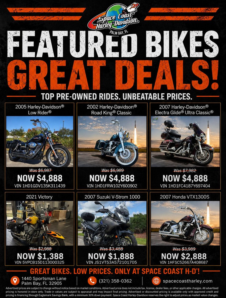 AndreGreengqtr's tweet photo. Your next ride is waiting. Explore pre-owned cruisers, touring bikes, and adventure-ready motorcycles at great prices. Visit Space Coast Harley-Davidson at 1440 Sportsman Lane, Palm Bay, FL. Call (321) 358-0362. https://t.co/PXubl72bTt