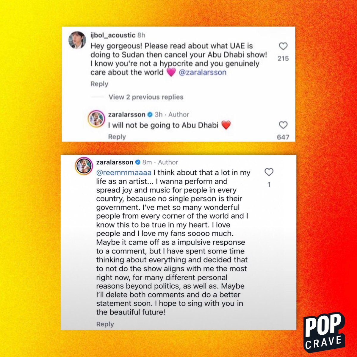 PopCrave's tweet photo. Zara Larsson addresses pulling out of her Abu Dhabi show:

“I have spent some time thinking about everything and decided that to not do the show aligns with me the most right now, for many different personal reasons beyond politics.” https://t.co/868IRN6yam