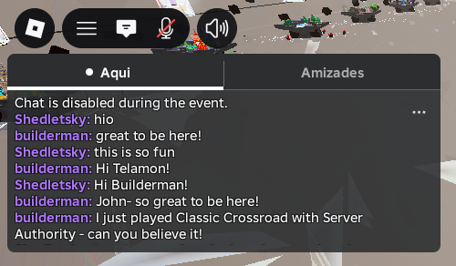 Roblox_RTC_BR's tweet photo. Builderman e Shedletsky estão com seus avatares antigos e JOGANDO o hub do The Hunt!

Além disso, o chat do hub foi DESATIVADO e os dois estão conversando ao vivo para todos os jogadores, como um chat global! https://t.co/mTVm4jfK7w