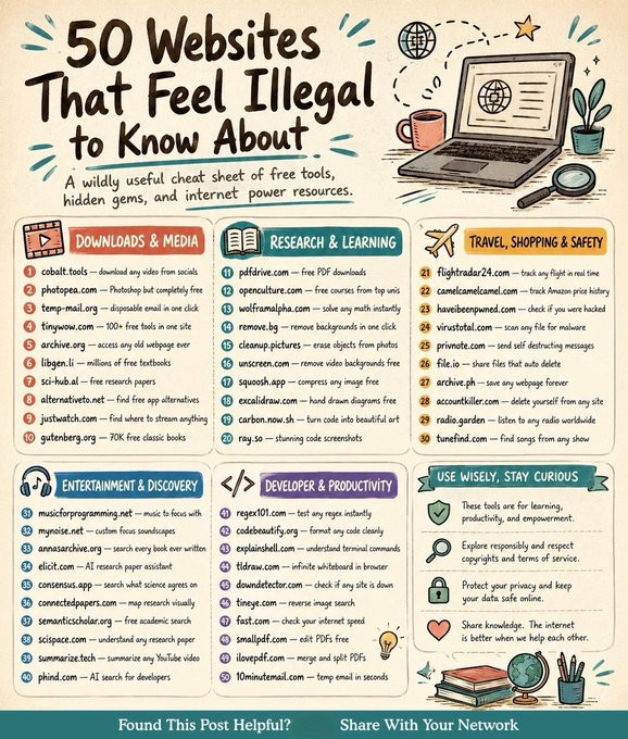 LearnWithSubhan's tweet photo. 50 Websites that feel illegal to know:

DOWNLOADS & MEDIA
1. https://t.co/KS3ymnMxJo — download any video from socials
2. https://t.co/Yq3Sv6WVy7 — Photoshop but completely free
3. https://t.co/A9ruZcxWFI — disposable email in one click
4. https://t.co/xWHjAV5Y29 — 100+ free tools in one site
5. https://t.co/99ZjtaScAQ — access any old webpage ever
6. https://t.co/dVNThxaUb9 — millions of free textbooks
7. https://t.co/6OsHwVlSRX — free research papers
8. https://t.co/PgokfA1RKr — find free app alternatives
9. https://t.co/wGUfnfopnr — find where to stream anything
10. https://t.co/ASyfWFAbgi — 70K free classic books

Follow me  for more AI IDEA..🔖