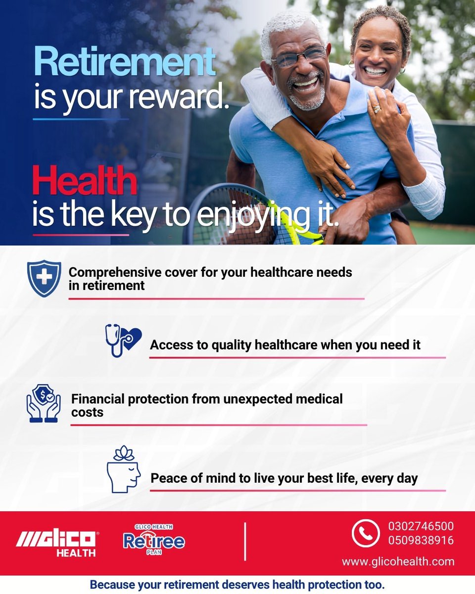 GLICOHealth's tweet photo. Retirement is the reward. Health is how you enjoy it. 

Don't let unexpected medical costs disrupt your peace of mind. Secure comprehensive coverage with the GLICO Retiree Health Plan today. 

Call us: 0302746500 | 0509838916 

#GLICOHealth #RetirementPlanning https://t.co/CJPrMkEmHo