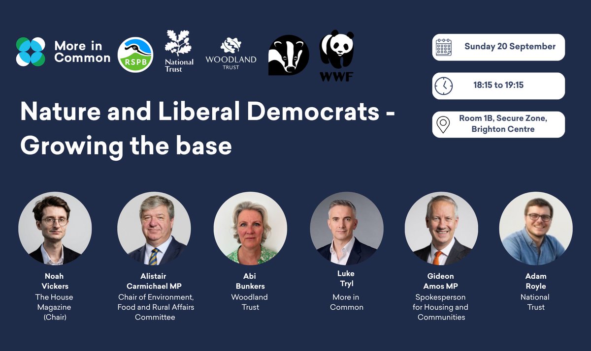 LukeTryl's tweet photo. Later on Sunday, at 6:15pm, 
We’ll be looking at work we’ve done with 5 nature groups  on the electoral politics of nature - and what the issue means to Lib Dem voters. From rivers to green spaces, nature is important to Brits, but is it important to Lib Dems at the ballot box? https://t.co/ckaKsm6UIL