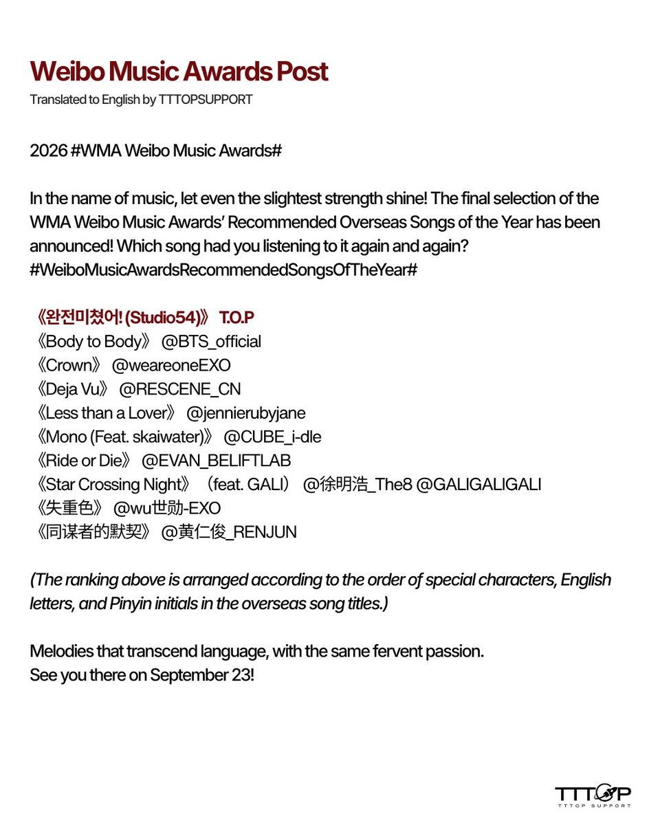 TTTOPSUPPORT's tweet photo. “완전미쳤어! (Studio54)” has entered the Top 10 Recommended Overseas Songs of the Year at the 2026 Weibo Music Awards. ✨

We’re so happy to see Studio54 receiving this recognition and being celebrated among this year’s recommended songs! 

Congratulations, T.O.P! We’ll continue to cheer for your music and every new chapter it brings. ❤🔥

#탑 #최승현 #CHOISEUNGHYUN #T_O_P #TOPSX #WMA微博音乐盛典 #微博音乐盛典年度推荐歌曲 @topspot_pic @topsx_jp_ofc @JJBliss_ent_ofc