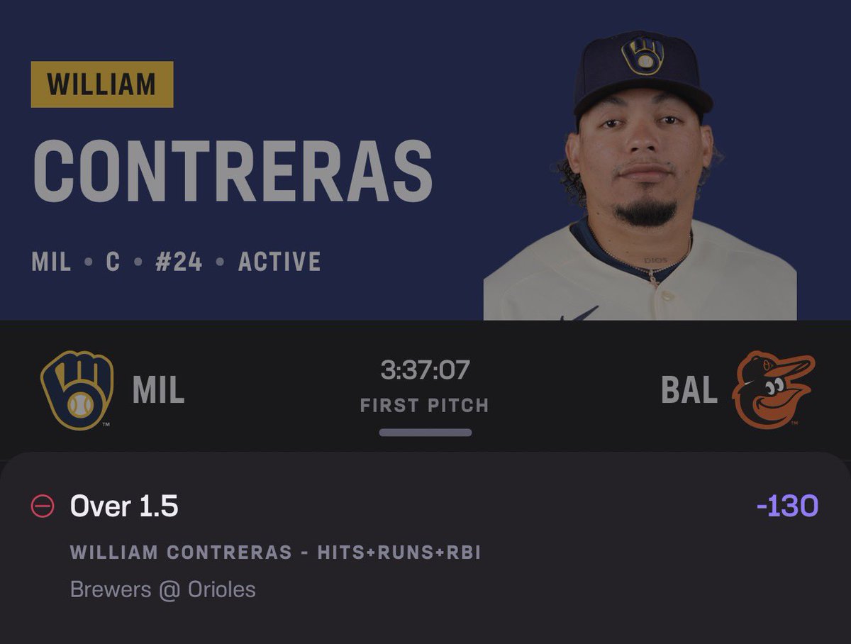 BetHerLocks's tweet photo. 🥂POTD #1 

William Contreras “OVER” 1.5 HRR 

#hardrockbet | #propsedge | #Gambling𝕏 https://t.co/GJBspJtwrY