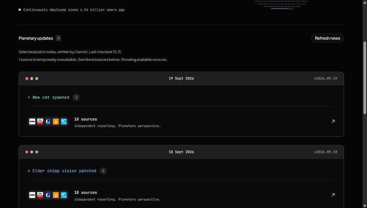 alexdotcodes's tweet photo. Small cleanup on https://t.co/mg21pUZHhW: removed the pretend shell command above each day's updates.

The date is already in the header. Straight to the patch notes. https://t.co/u9sSC8j474