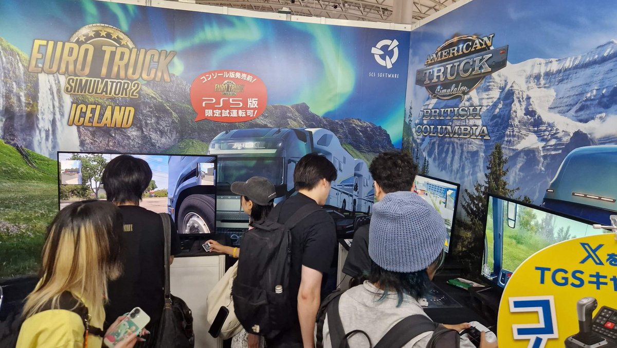 SCSsoftware's tweet photo. It's the final day of @tokyo_game_show! 🎮🇯🇵

We're ready to welcome more of you to try our Truck Simulator titles &amp; upcoming DLCs! Come meet our team in Hall 09, Booth E86 🚛💨

Visitors can also grab free merch, including posters, stickers &amp; cards! 🎁 またね！ https://t.co/uSvn1yCZHG