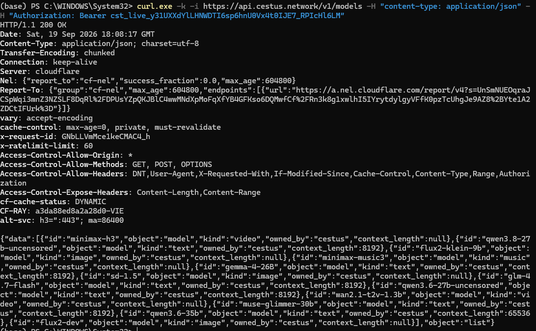 CestusNetwork's tweet photo. Step 2:

With you API key you can now make an inference call, start first with listing the available models.

GET /v1/models HTTP/1.1
Host: https://t.co/qatGXbXINO
Authorization: Bearer (YOUR API KEY)
Accept: */*

This will return the available models. https://t.co/17tSheoCee