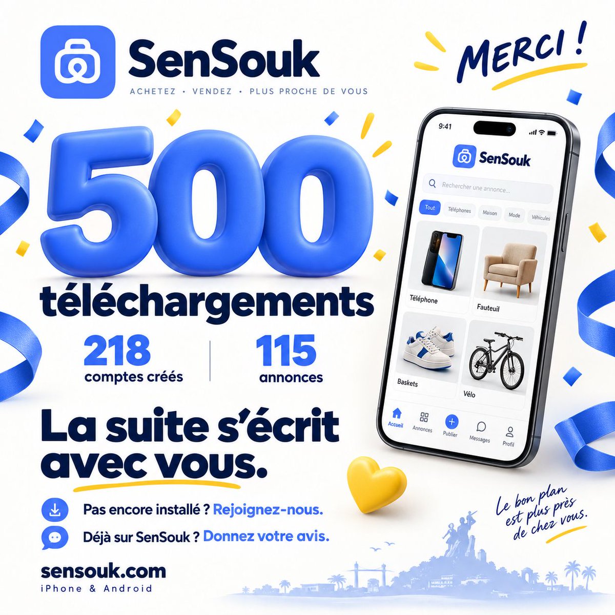 SenSoukApp's tweet photo. 500 téléchargements, 218 comptes, 115 annonces 🇸🇳
Le petit marché SenSouk grandit 💙
Pas encore installé ? https://t.co/1Rq9BdlaH0
Déjà sur l’app ? Un coup de cœur, un truc qui coince ? Dites-nous 👇
Des nouveautés arrivent. La suite s’écrit avec vous ! https://t.co/oXU5bw75Kg