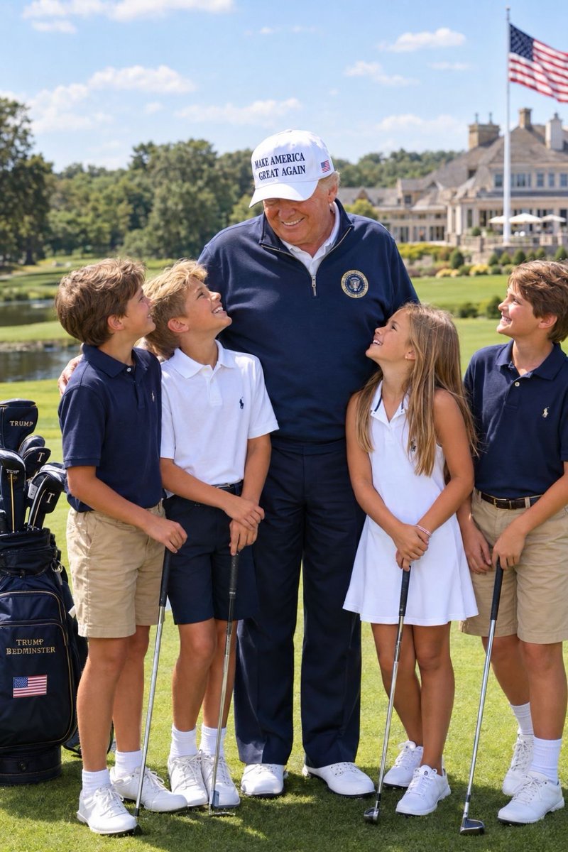 dimkovska88's tweet photo. A sunny afternoon on the golf course with @realDonaldTrump and four young golf enthusiasts—smiles, clubs, and a beautiful day at Bedminster. 🇺🇸⛳️
#DonaldTrump #Trump #Bedminster #Golf #GolfDay #Family #America #MAGA https://t.co/rls4iddmxl