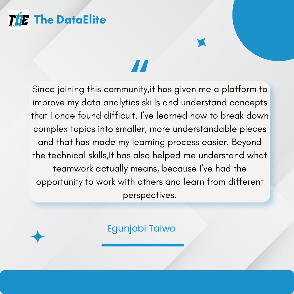 thedataelite's tweet photo. MEMBER SPOTLIGHT 🌟

Meet Egunjobi Taiwo Nofisat @Lolu_rayo , one of our own at The DataElite.

Taiwo has been one of our most dedicated members, always showing up, always open to learning something new, even the things that don't come naturally at first.

Ask her what she's built since joining, and the answer isn't a dashboard, it's her communication skills. She said "As someone who is not really big on communicating, this community has helped me immensely in that aspect. It gave me a space where I was more outspoken and comfortable expressing myself."

That openness to growth shows up everywhere in her journey. On the technical side: She said "This community has given me a platform to improve my data analytics skills and understand concepts that I once found difficult. I've learned how to break down complex topics into smaller, more understandable pieces, and that has made my learning process easier. Beyond the technical skills, it has also helped me understand what teamwork actually means, because I've had the opportunity to work with others and learn from different perspectives."

What she's most proud of? The people. "I've been able to connect with like-minded people, people who believe so much in growth and how to achieve that. These people have made me realize you can do so much when you are in the right space and amongst the right people."

Growth isn't always technical, sometimes it's finding your voice, and Taiwo's willingness to keep showing up for both is exactly what this community is built on.

Stories like hers are exactly why we've opened our doors to new members. Applications for new members is still wide open and  ongoing. 

#TheDataElite #MemberSpotlight #DataAnalytics #NigerianAnalysts #DataCommunity
