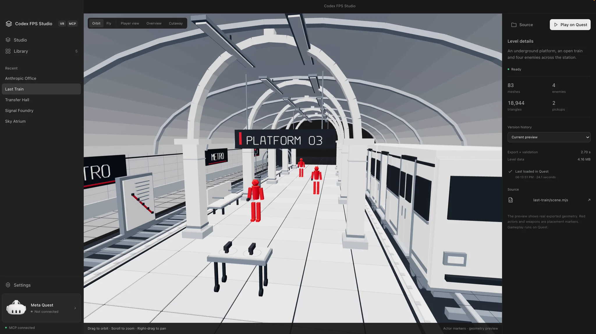 VR 레벨 에디터 — 3분할 데스크톱 스튜디오 UI