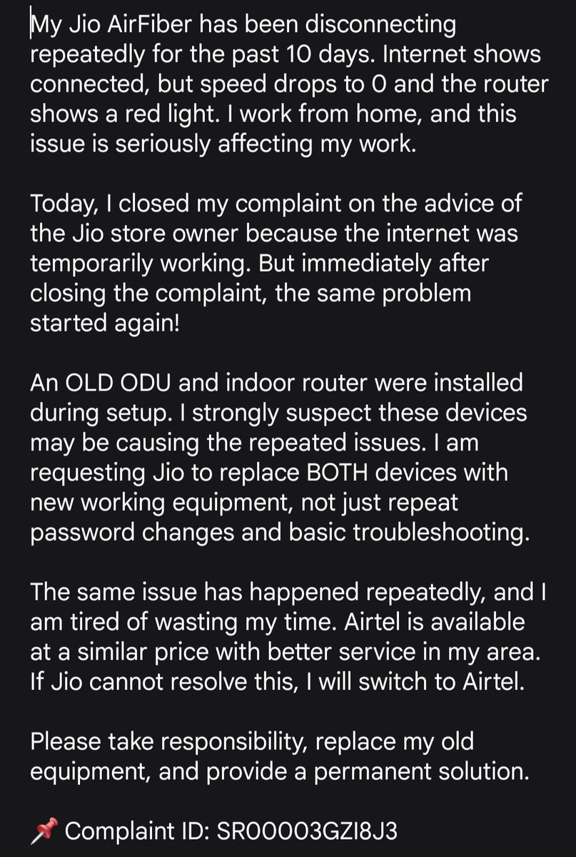 SINGH_A01's tweet photo. 🚨 Jio AirFiber Scam or Failed Service? 10 Days, No Solution!
#JioAirFiber #JioCare #ConsumerRights
#jioairfiberscam #jioscam
@JioCare @JioStar https://t.co/gU3p47ten5