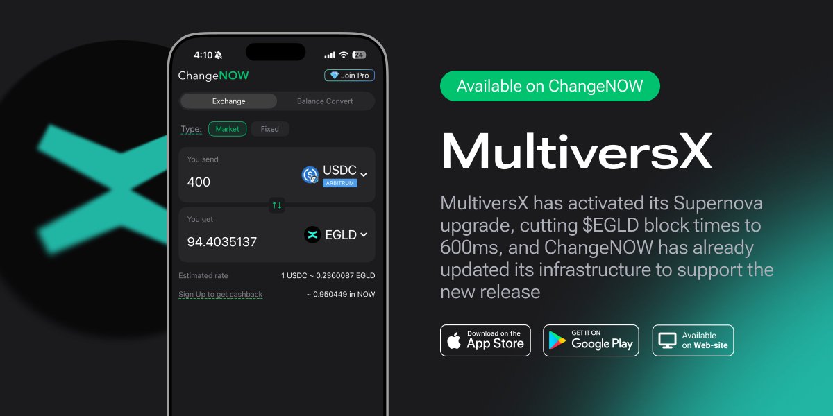 ChangeNOW's tweet photo. MultiversX Supernova is live: block time down from 6s to 600ms and sub‑second finality on elrond-erd-2:native.

ChangeNOW upgraded its @MultiversX infrastructure (thanks to @NOWNodes) to support Supernova so deposits and swaps keep up with the new speed.

Try it out: https://t.co/bQa3f6hZAu