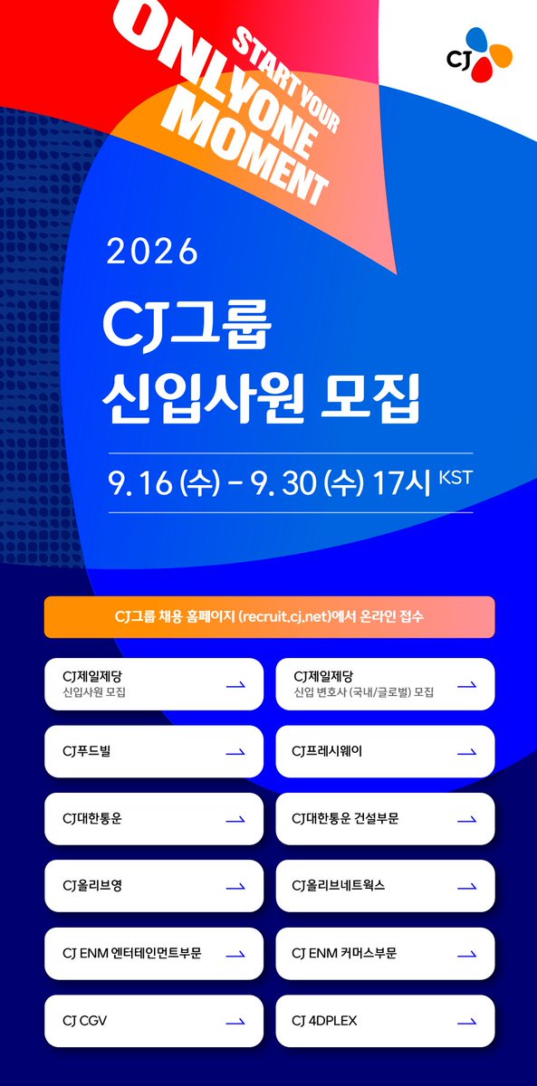 Aurora_5100's tweet photo. CJ 취업 노리던 사람들, 지금 공채 떴습니다.
올리브영 역대 최대 포함, 채용 규모 40% 이상 확대.

CJ그룹 2026 하반기 신입 공채

🗓️ 접수 9/16 ~ 9/30 17:00
👥 13개 계열사·사업부문
📈 전년 하반기 대비 40% 이상 확대
→ 최근 4년 중 최대 규모

주요 계열사
CJ제일제당 · CJ대한통운 · CJ올리브영
CJ ENM · CJ프레시웨이 · CJ푸드빌
CJ올리브네트웍스 등

특히 CJ올리브영은 역대 최대 규모
(일반·글로벌 Insight, 31개 직무)로 신입을 뽑습니다.

전형
서류 → 테스트(인적성·AI 활용 등) → 계열사별 전형 → 최종합격
→ 2027년 1월 그룹 입문교육

※ 테스트·면접 방식과 일정은 계열사·직무별로 다름
※ 공식 지원은 CJ 채용 홈페이지에서만 진행

마감 전에 직무부터 확인하세요.
지원 링크는 댓글에 있어요.