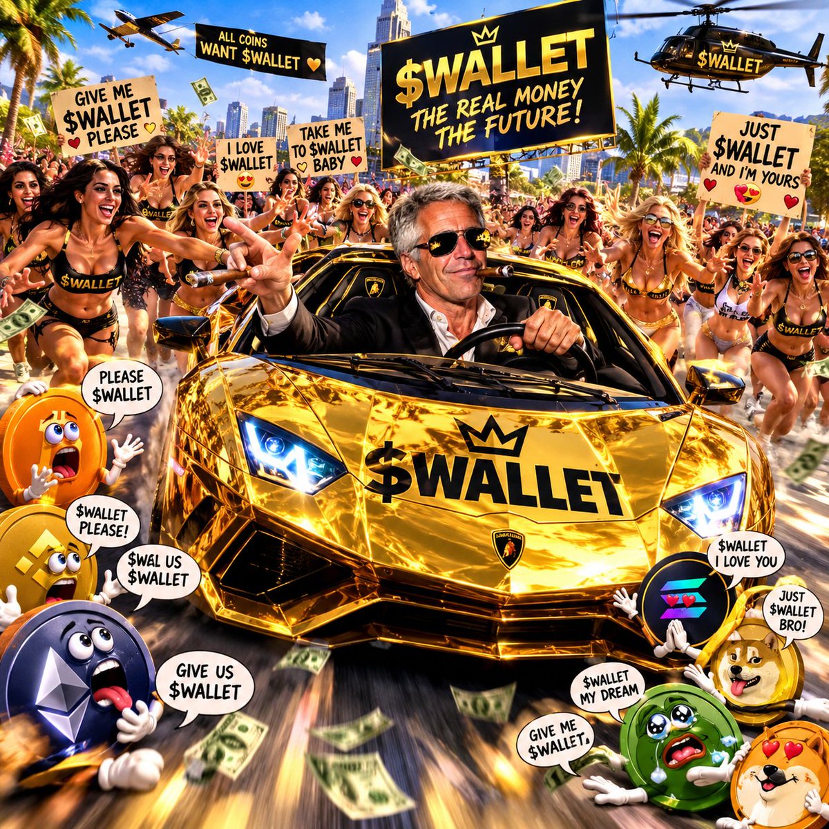 Juniora1cbj's tweet photo. A hilarious golden $WALLET takeover—luxury cars, flying money, excited crowds, and rival coins all chasing the dream! 🤑🔥
$WALLET
 @Swallet
3️⃣ Use #WALLET #WALLETmemechallenge #MemeChallenge https://t.co/N9AaqzIKwf