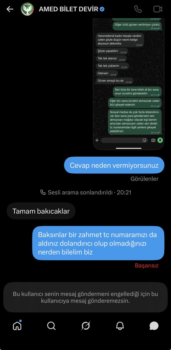 Nisaupx's tweet photo. @Amedforza Dün bilet için mesaj attım bana Wp numarası verdi ordan yaz dedi tc numaramı istedi verdim sonra ibana parayı atın o şekilde transfer edecez dediler kabul etmedim engellediler beni de https://t.co/K2oqOHSxI3