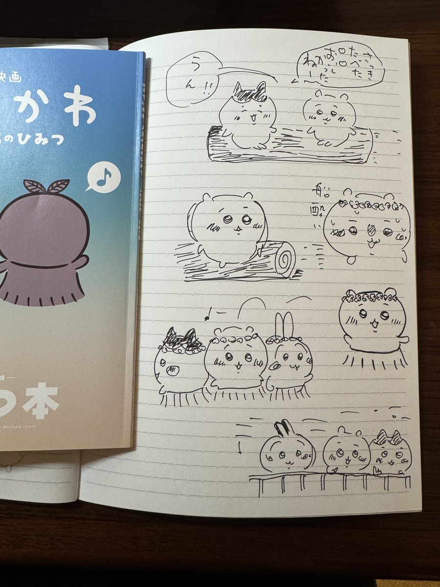 itoi_shigesato's tweet photo. 「ひみつ本」のなかの「ナガノ」さんのラフなスケッチ（いわば草書かな）をお手本にして、すばやく描くややナマイキな練習。
#ちいかわ臨書 https://t.co/F2faZlmiwl