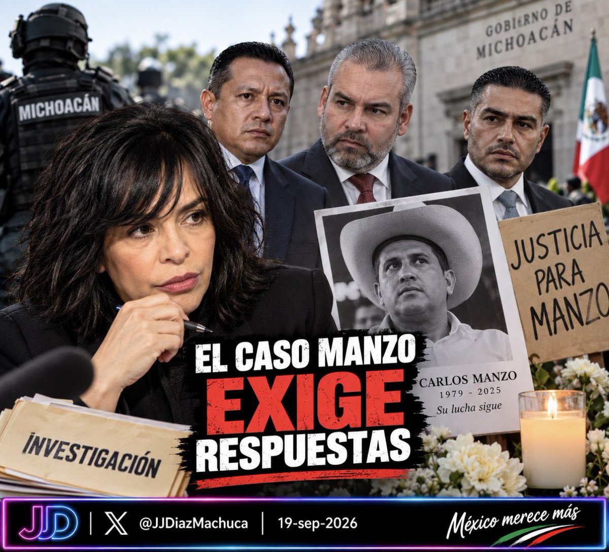 JJDiazMachuca's tweet photo. 🚨 EL CASO MANZO EXIGE RESPUESTAS

Lo que está señalando públicamente Anabel Hernández sobre el asesinato de Carlos Manzo es gravísimo.

La periodista acusa directamente a Carlos Torres Piña, fiscal de Michoacán, de haberse reunido con José Alfredo Hurtado Olascoaga, “El Fresa”, para fraguar un complot contra Manzo.

Y va todavía más lejos: afirma que habría ocurrido con conocimiento, anuencia y directiva del gobernador Alfredo Ramírez Bedolla.

La versión oficial presentada por Omar García Harfuch señaló a integrantes vinculados al CJNG como presuntos autores intelectuales.

Anabel Hernández plantea algo completamente distinto: una presunta participación desde el poder político de Michoacán.

No es una sentencia ni aquí se presenta como un hecho probado.

Pero una acusación pública de este tamaño sobre el asesinato de Carlos Manzo merece algo más que silencio.

¿La @FGRMexico investigará estos señalamientos?

¿Carlos Torres Piña y Alfredo Ramírez Bedolla van a responder puntualmente?

Aquí no hacen falta carpetazos.

Hacen falta pruebas, investigación y respuestas.