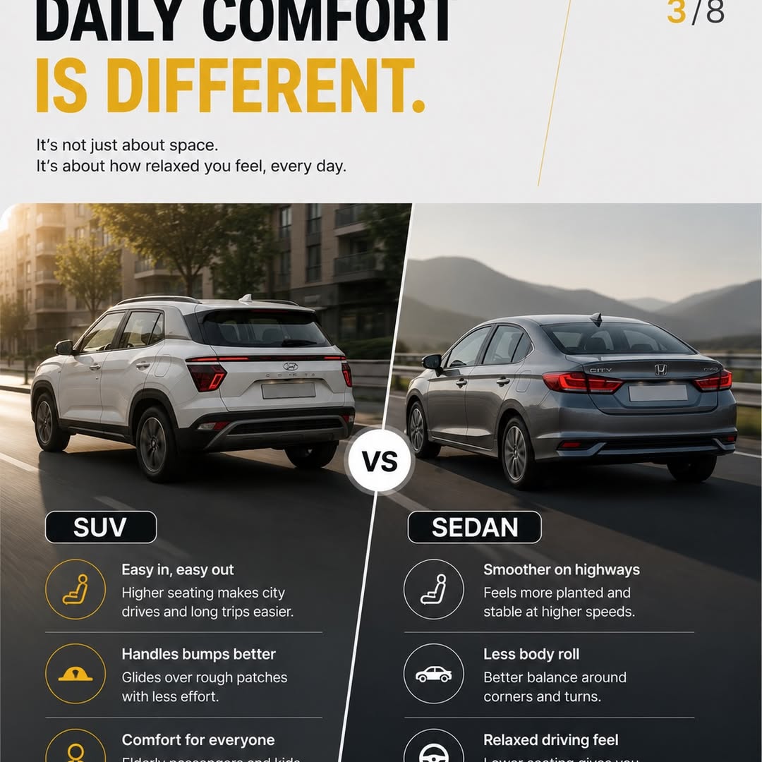 SyreetaWilawva's tweet photo. SUV or sedan? The wrong choice could cost you lakhs. SUVs offer presence and practicality; sedans deliver comfort, handling, and efficiency. Choose based on your lifestyle, not trends. https://t.co/7v1B7z7avI