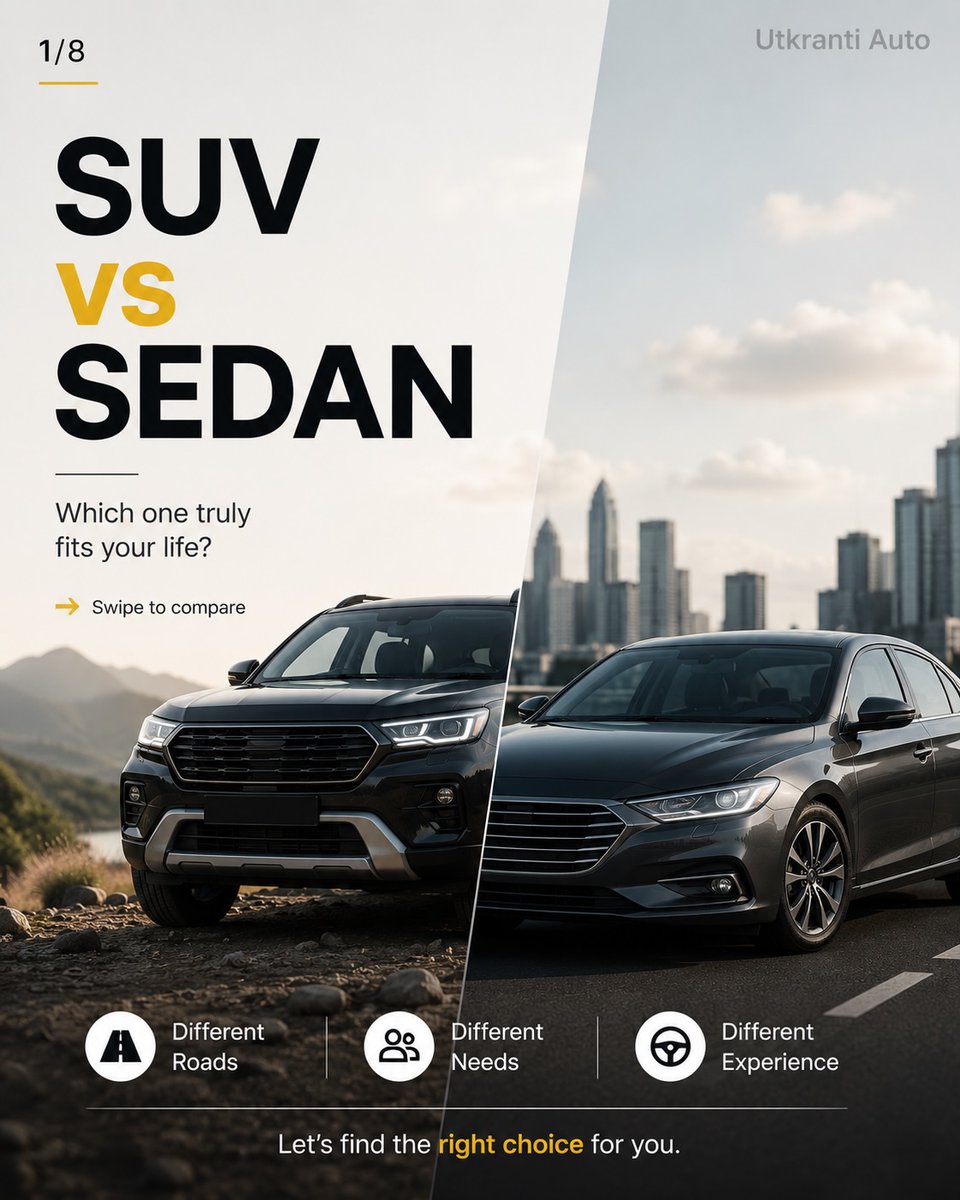 SyreetaWilawva's tweet photo. SUV or sedan? The wrong choice could cost you lakhs. SUVs offer presence and practicality; sedans deliver comfort, handling, and efficiency. Choose based on your lifestyle, not trends. https://t.co/7v1B7z7avI