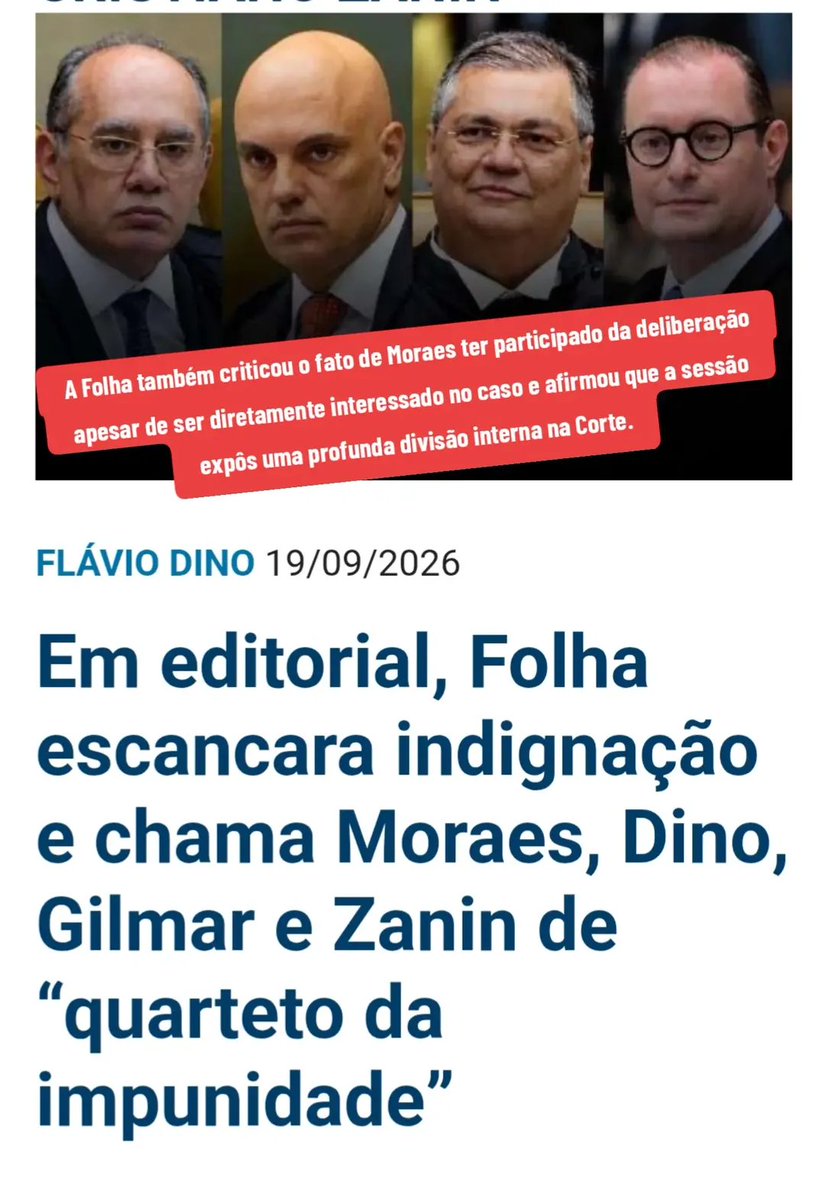 EnockFormiga's tweet photo. Continua repercutino o editorial da Folha de S.Paulo em que o quarteto de ministros do Supremo Tribunal Federal (STF) formado por Alexandre de Moraes, Flávio Dino, Gilmar Mendes e Cristiano Zanin, é chamado de “quarteto da impunidade”.

O texto representa a posição institucional do jornal, e não uma reportagem factual.

A manifestação ocorre após a conturbada sessão do STF que discutiu a possibilidade de investigação das relações entre Moraes e o banqueiro Daniel Vorcaro, do Banco Master.

Segundo o editorial, Moraes rejeitou a abertura da investigação, enquanto Gilmar, Dino e Zanin atuaram de maneira a postergar uma decisão sobre o caso. Dino apresentou pedido de vista, interrompendo o andamento da discussão.

A Folha também criticou o fato de Moraes ter participado da deliberação apesar de ser diretamente interessado no caso e afirmou que a sessão expôs uma profunda divisão interna na Corte.
@JornalDaCidadeO