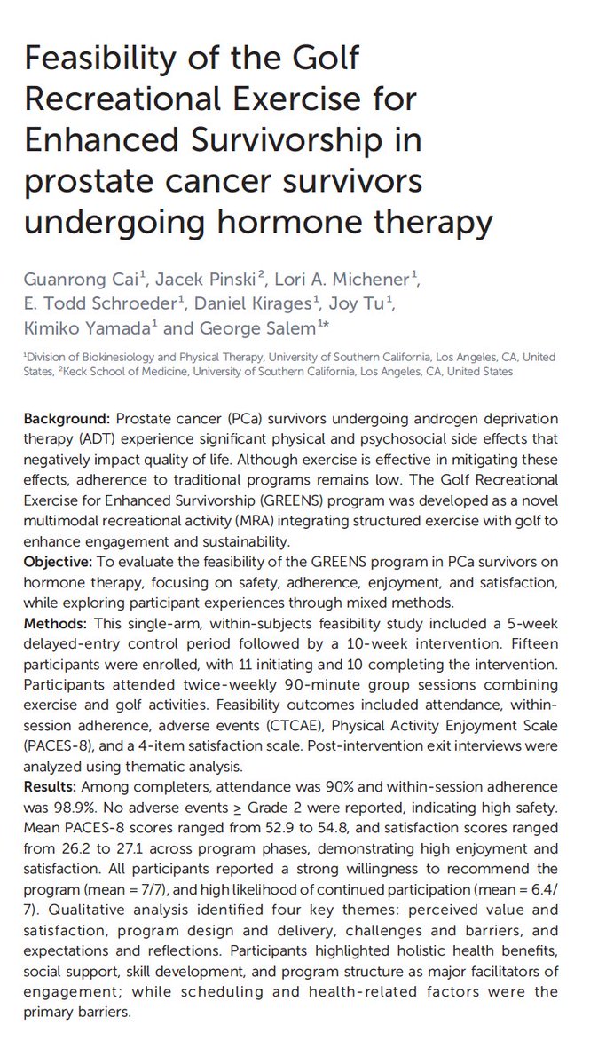 Adam_Weiner535's tweet photo. ⛳ Golf as #ProstateCancer survivorship medicine? Small but neat feasibility data ⛳

@FrontOncology, GREENS single-arm pilot in men on ADT:

🏌️‍♂️ 15 enrolled, 10 completed a 10-wk group golf + exercise program

✅ 90% attendance, 98.9% within-session adherence
✅ Zero grade 2+ adverse events
✅ High enjoyment and satisfaction, mean 7/7 willingness to recommend

⚠️ Small, single-arm, no control or oncologic endpoints

🎯 Men stuck with the program and loved it & adherence is critical in this space 

🔗 https://t.co/ICx2F8A8gZ
@AmerUrological @UroOnc @justindubinmd @UrologyTimes @urotoday @PCF_Science @PCFnews