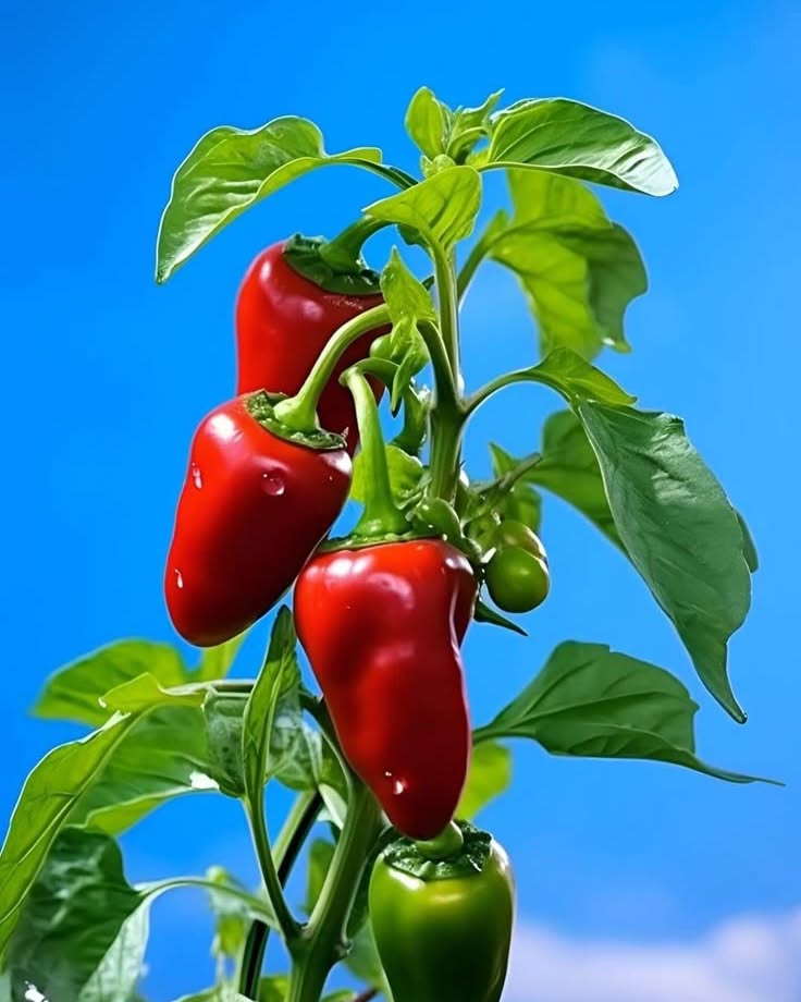 GenevaKoback's tweet photo. Fresh, vibrant red chilies beneath the blue sky! Clusters of bright red chilies hang among green leaves, creating a stunning natural tapestry of colors. https://t.co/eR5aKFlgUY