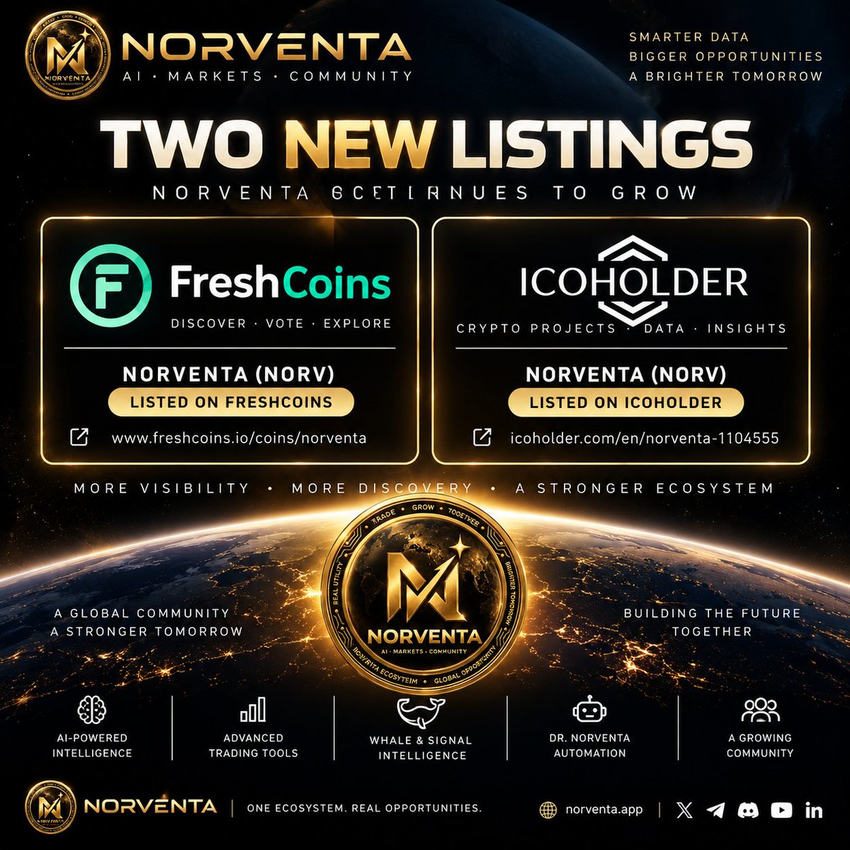 NORVToken's tweet photo. 🚀 TWO NEW $NORV LISTINGS

NORVENTA is expanding its presence across the crypto ecosystem. 🌐

$NORV is now listed on:

🔹 FreshCoins
https://t.co/cd0kXWUCxO

🔹 ICOHolder
https://t.co/lgG0I0pJBa

More visibility. More discovery. One growing ecosystem.

#NORVENTA #NORV #Base #AI #Web3