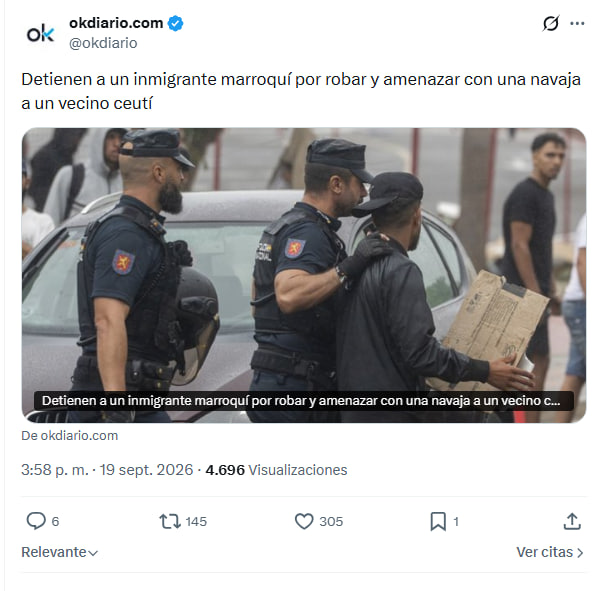 JulianMaciasT's tweet photo. OkDiario publica una noticia falsa con una imagen falsa.
Asegura que un inmigrate marroquí fue detenido por robar a un vecino ceutí, pero en la misma noticia en el Faro de Ceuta, explican que tanto el detenido como la víctima son ceutís, iban al mismo gimnasio donde hubo un robo. https://t.co/4fqUrC52n9