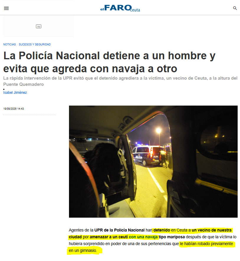 JulianMaciasT's tweet photo. OkDiario publica una noticia falsa con una imagen falsa.
Asegura que un inmigrate marroquí fue detenido por robar a un vecino ceutí, pero en la misma noticia en el Faro de Ceuta, explican que tanto el detenido como la víctima son ceutís, iban al mismo gimnasio donde hubo un robo. https://t.co/4fqUrC52n9