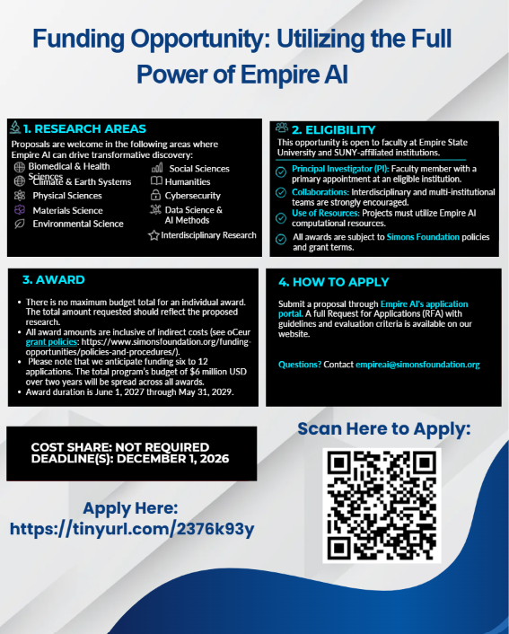 SBUEcoEvo's tweet photo. Funding Opportunity: Empire AI
Support innovative research using Empire AI’s computational resources across a wide range of disciplines.
Deadline: December 1, 2026
Cost Share: Not required https://t.co/38sES8LBKX