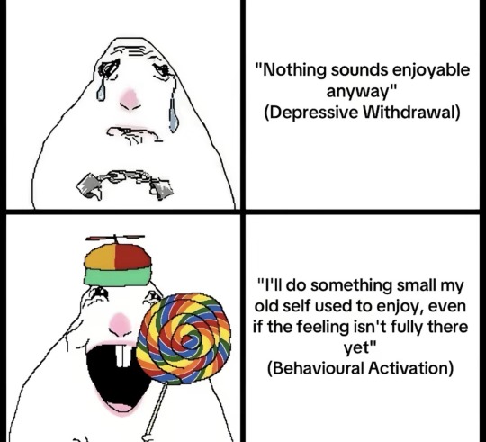 um_itsavalie's tweet photo. there's a therapeutic technique called behavioral activation which can be a little confusing in therapy speak, but i found these memes that explain it in examples very well ^_^ https://t.co/Fqxp5JLVxe