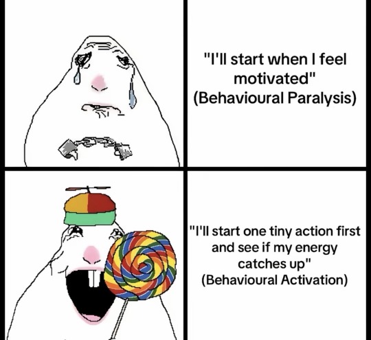 um_itsavalie's tweet photo. there's a therapeutic technique called behavioral activation which can be a little confusing in therapy speak, but i found these memes that explain it in examples very well ^_^ https://t.co/Fqxp5JLVxe