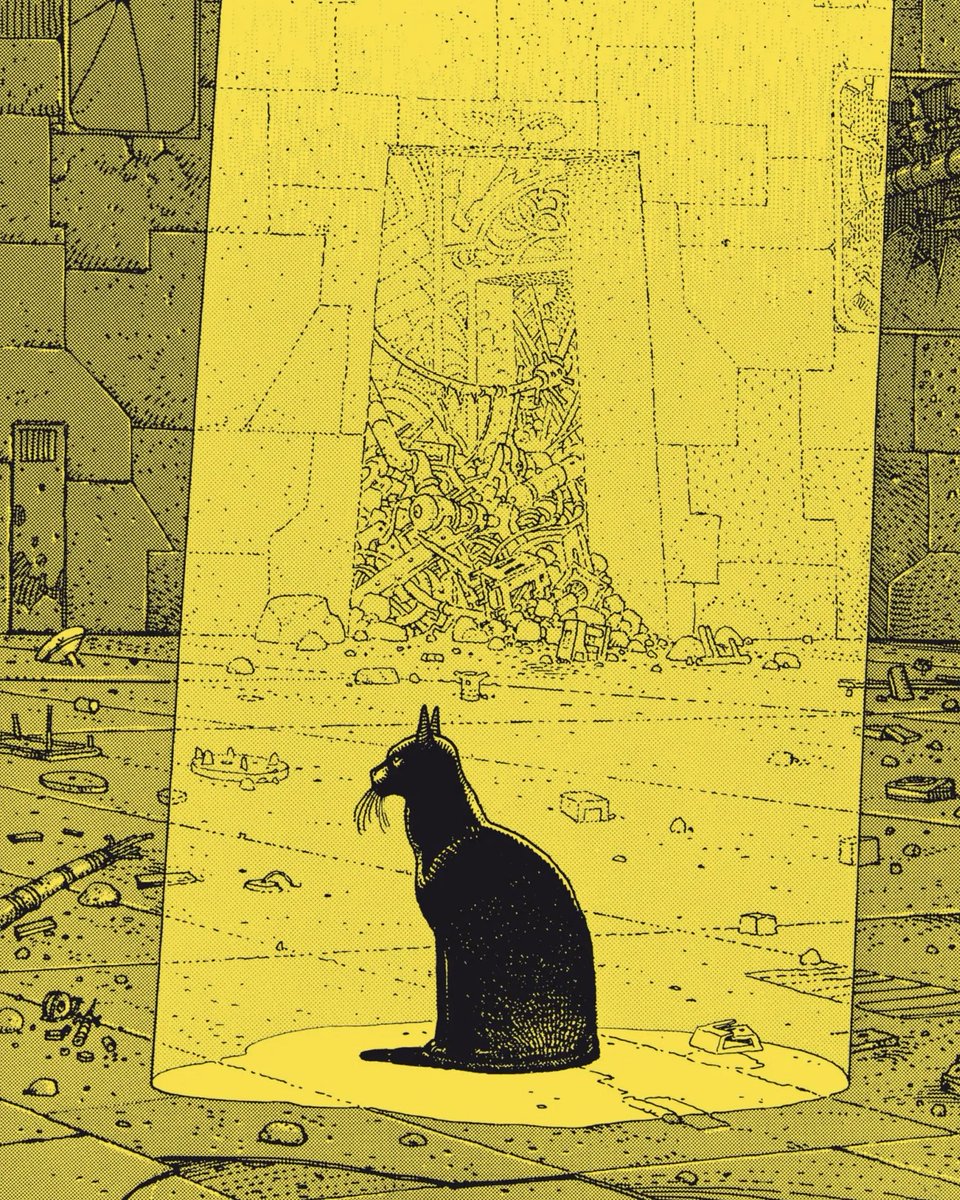 HeavyMetalInk's tweet photo. The Eyes of the Cat (Les Yeux du Chat) is a 1978 graphic novel created by Alejandro Jodorowsky and Jean “Mœbius” Giraud. Originally published as a large-format art book, it tells a surreal and disturbing story through sparse text and striking illustrations, following a mysterious one-eyed man, a bird, and a cat. @moebiusofficiel