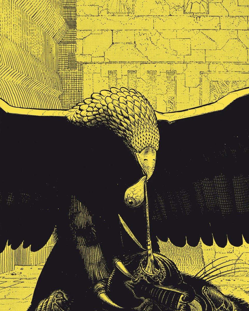 HeavyMetalInk's tweet photo. The Eyes of the Cat (Les Yeux du Chat) is a 1978 graphic novel created by Alejandro Jodorowsky and Jean “Mœbius” Giraud. Originally published as a large-format art book, it tells a surreal and disturbing story through sparse text and striking illustrations, following a mysterious one-eyed man, a bird, and a cat. @moebiusofficiel