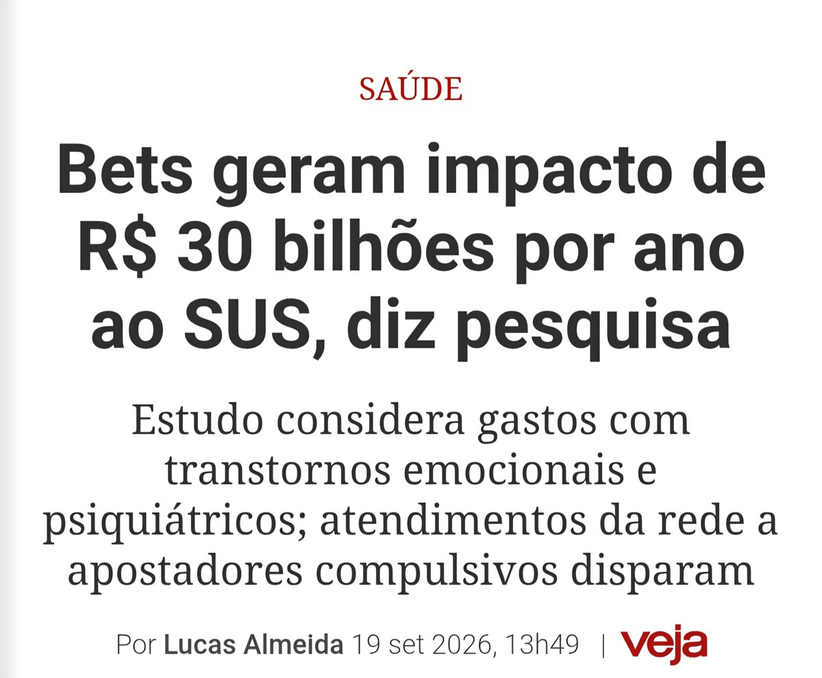 moreira_uallace's tweet photo. Bets causam prejuízo de R$ 30 bilhões no SUS

Só o Presidente Lula tem compromisso em acabar com as farras das Bets no Brasil.

Só no SUS, os gastos chegam a R$ 30 bilhões com os  gastos com transtornos emocionais e psiquiátricos; e atendimentos da rede a apostadores compulsivos.

https://t.co/LSCQiAbuE5