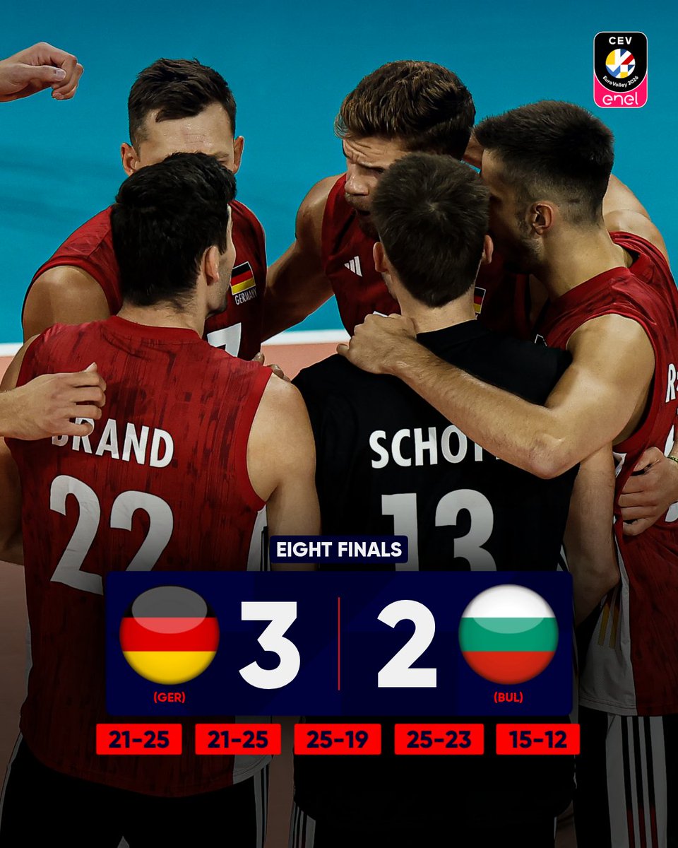 CEVolleyball's tweet photo. Germany is taking the win in the Bulgarian house and are through to the Quarter-Finals of #EuroVolleyM 👏🏼🔥🇩🇪 

📺 Watch LIVE on https://t.co/7OW06r5iyk

#CEV #Volleyball #EuropeanVolleyball https://t.co/dRmcY2hYDd